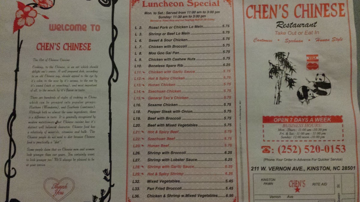 Chen's Chinese menu board
