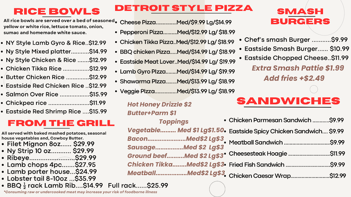 Halal Eastside Eats & Market menu board
