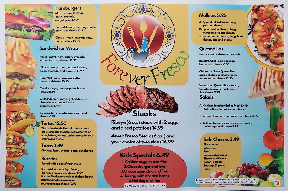 Forever Fresco Mexican Restaurant menu board