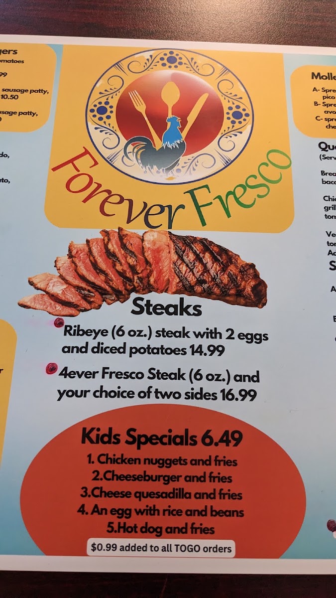Forever Fresco Mexican Restaurant menu board