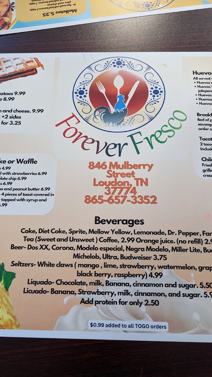 Forever Fresco Mexican Restaurant menu board