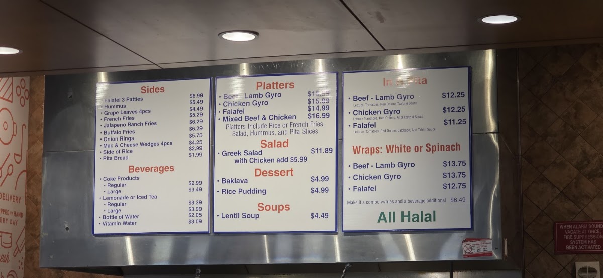 Alex's Gyro and Falafel menu board
