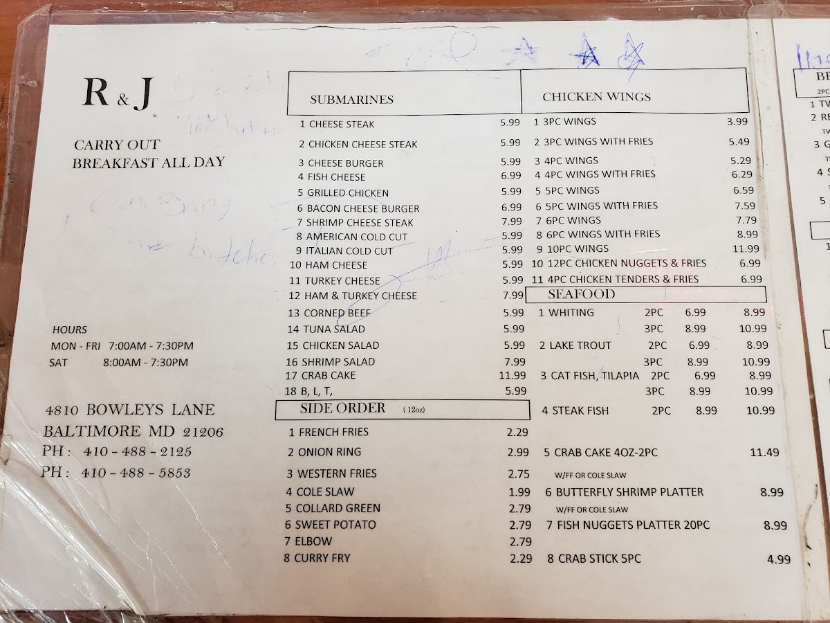 R & J carryout menu board