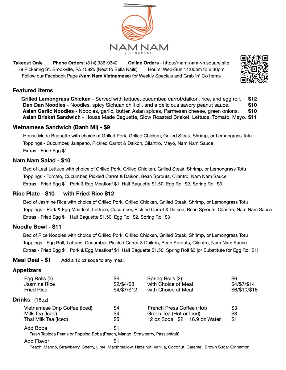Nam Nam Vietnamese menu board