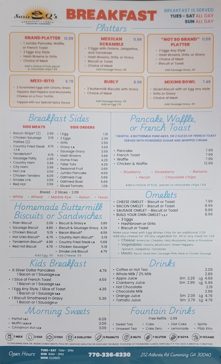 Susie Q's Restaurant menu board