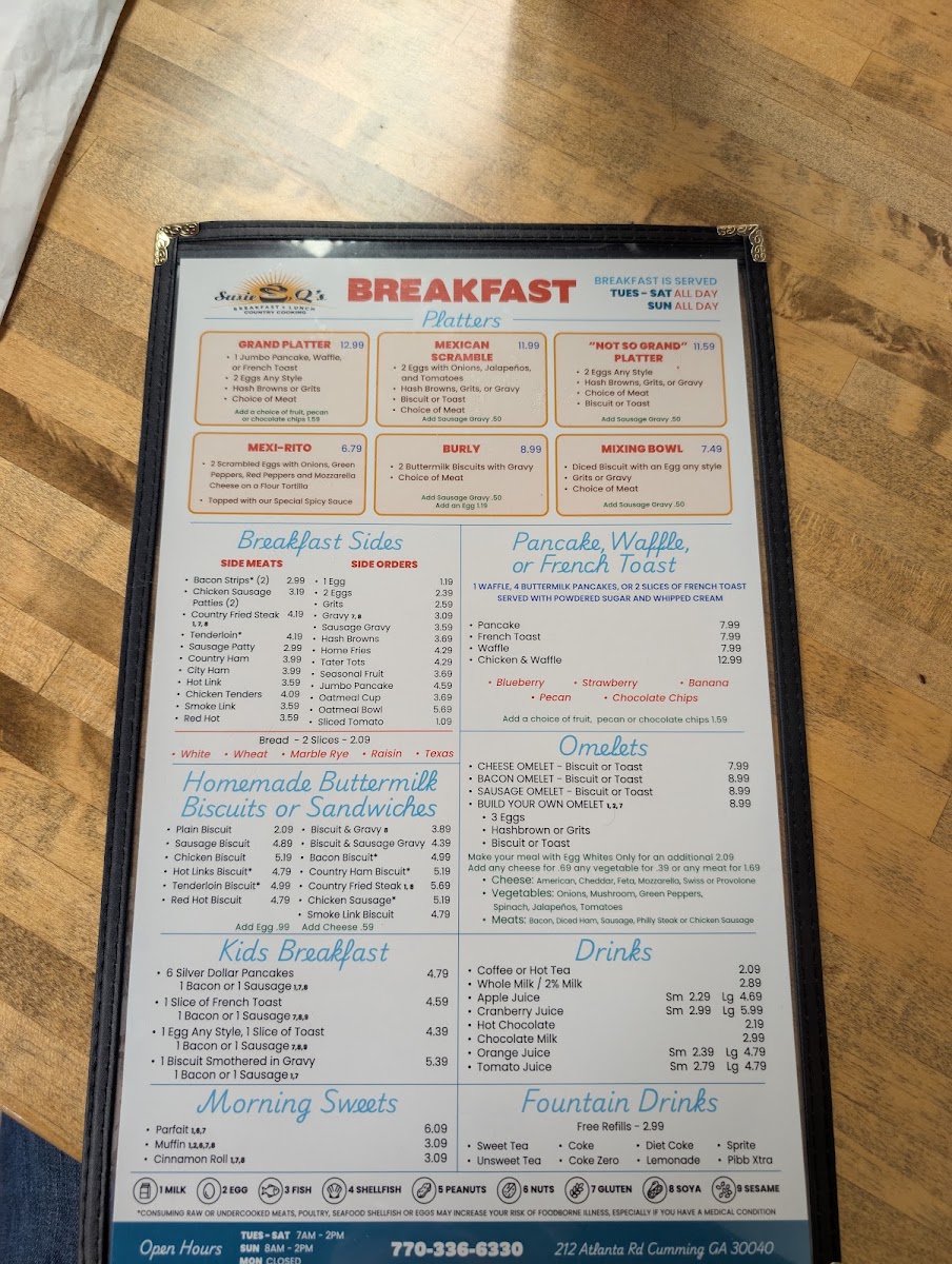 Susie Q's Restaurant menu board