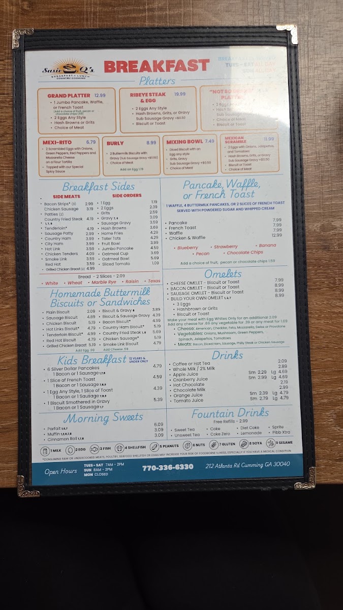 Susie Q's Restaurant menu board