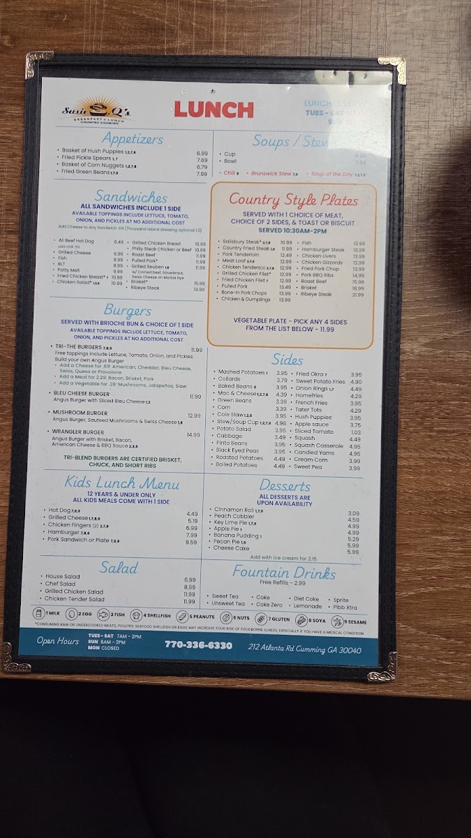 Susie Q's Restaurant menu board
