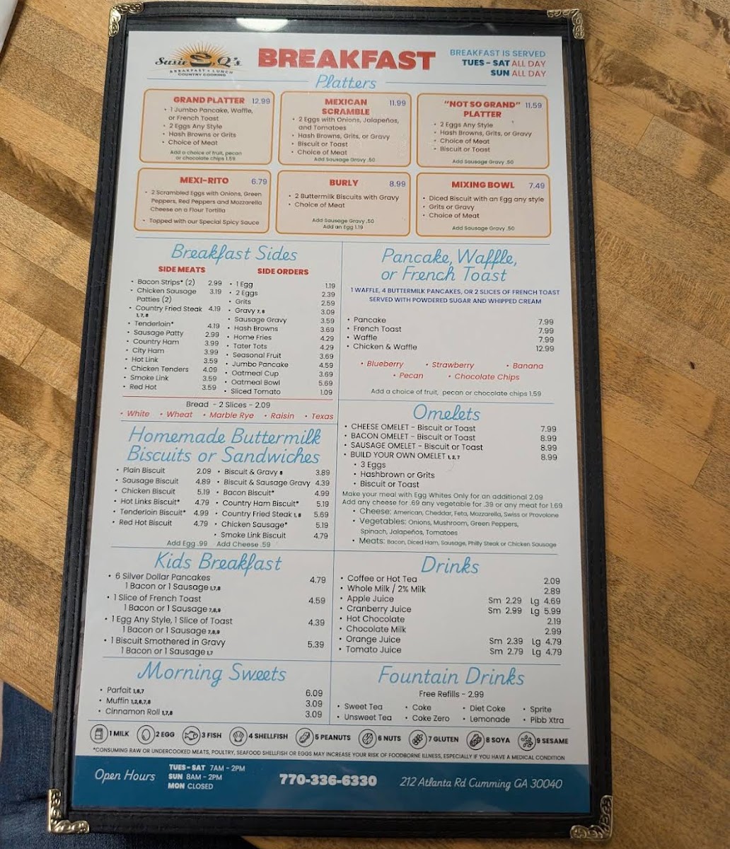 Susie Q's Restaurant menu board