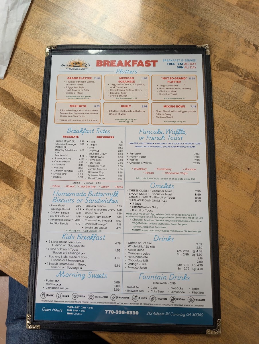 Susie Q's Restaurant menu board