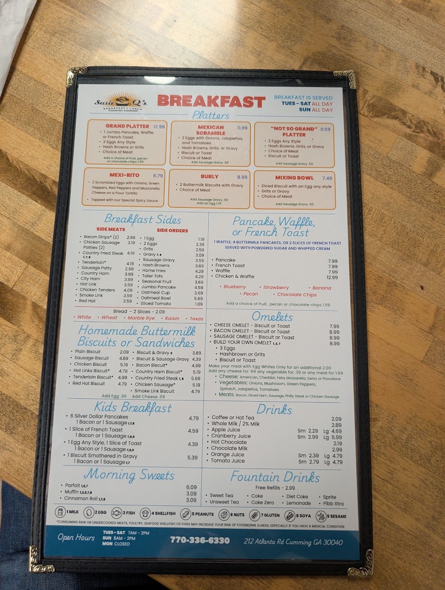 Susie Q's Restaurant menu board