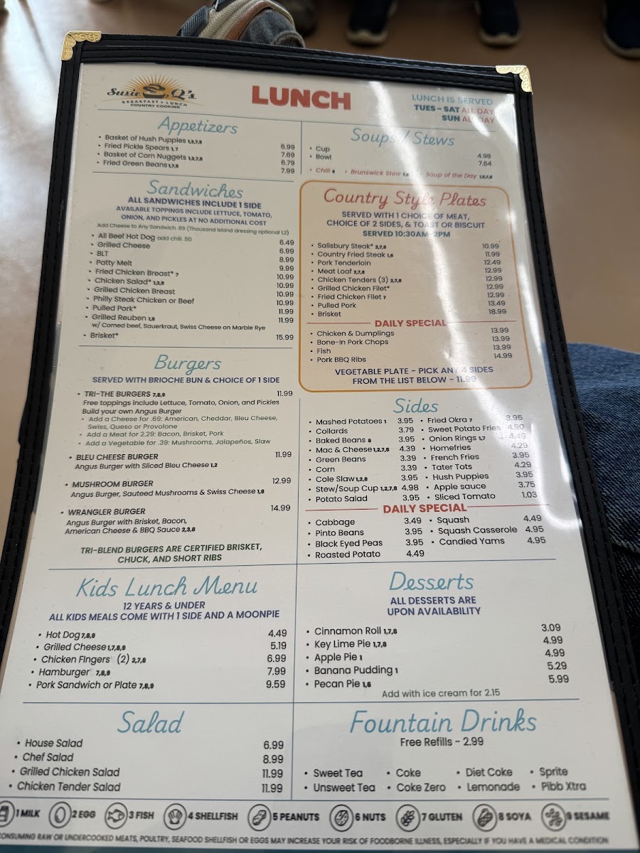 Susie Q's Restaurant menu board
