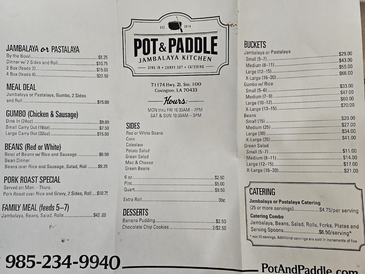 Pot & Paddle Jambalaya Kitchen menu board