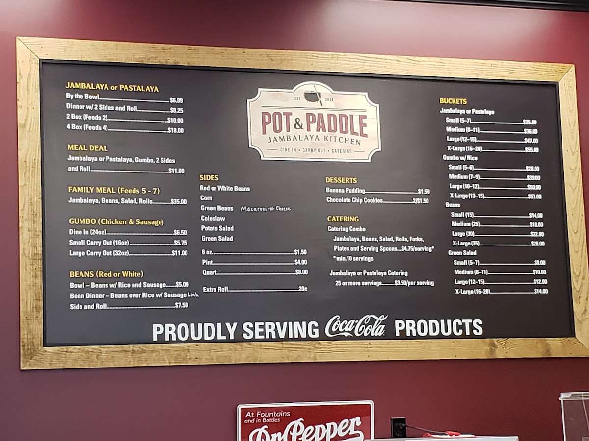 Pot & Paddle Jambalaya Kitchen menu board
