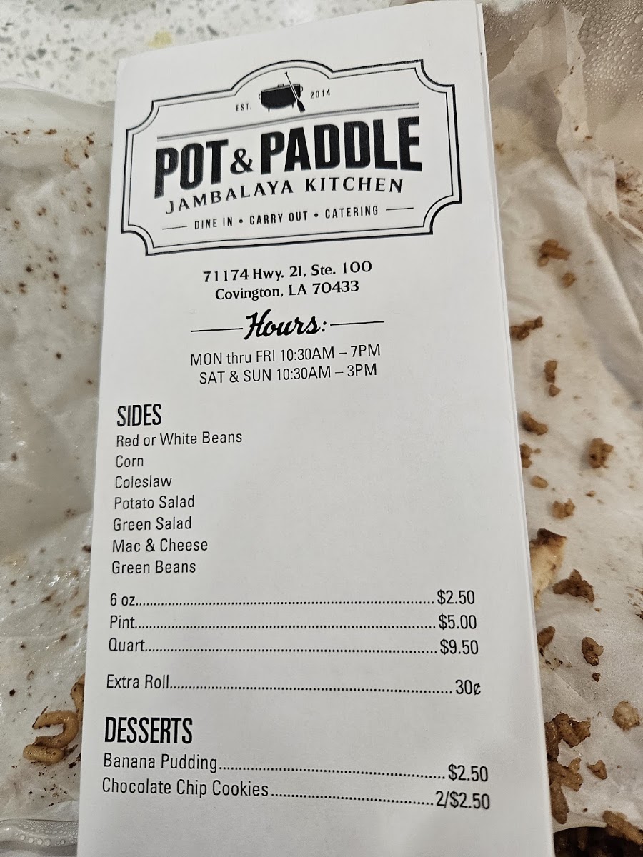Pot & Paddle Jambalaya Kitchen menu board