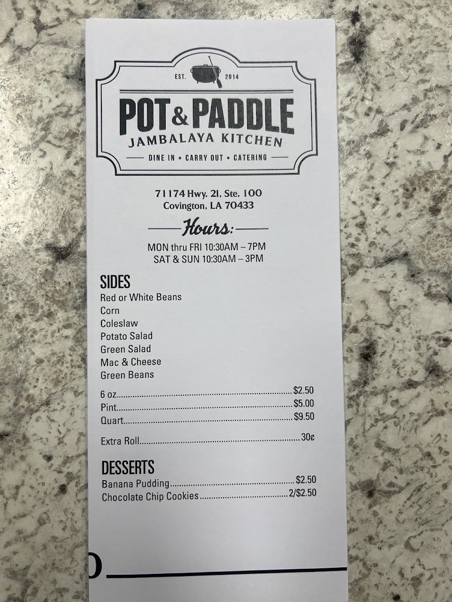 Pot & Paddle Jambalaya Kitchen menu board