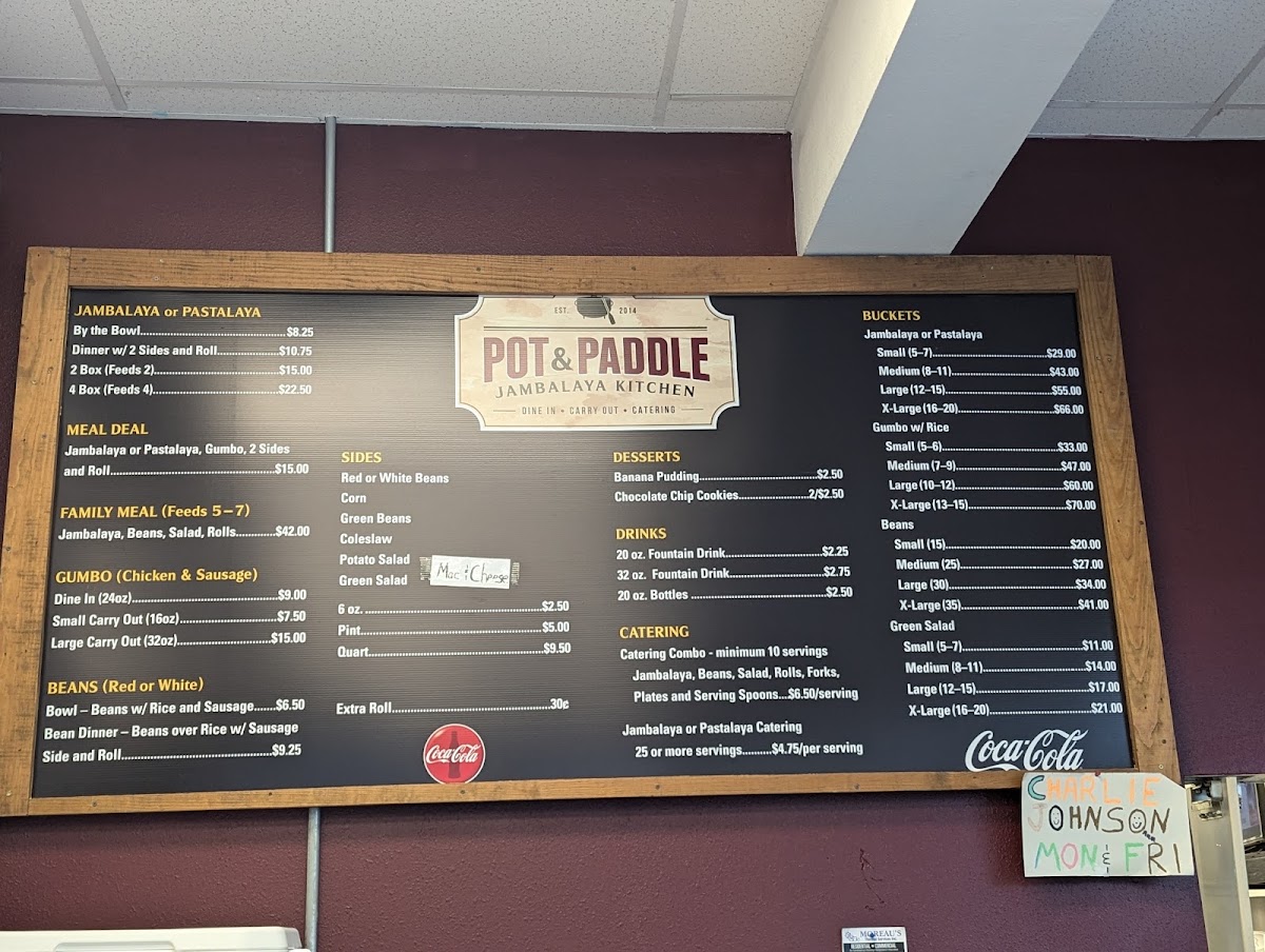 Pot & Paddle Jambalaya Kitchen menu board