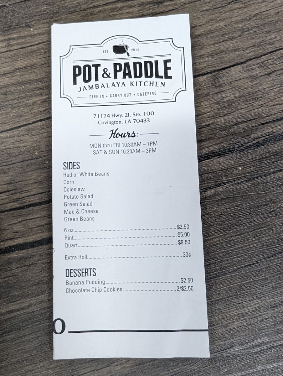 Pot & Paddle Jambalaya Kitchen menu board