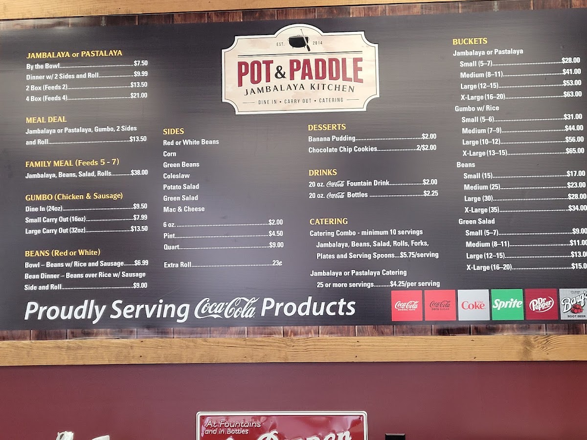Pot & Paddle Jambalaya Kitchen menu board