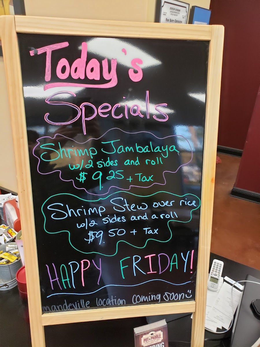 Pot & Paddle Jambalaya Kitchen menu board