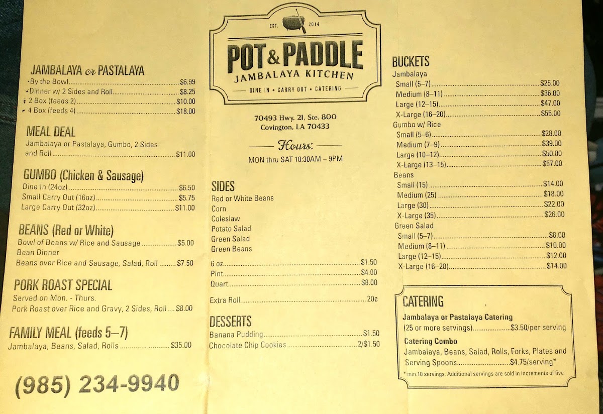 Pot & Paddle Jambalaya Kitchen menu board