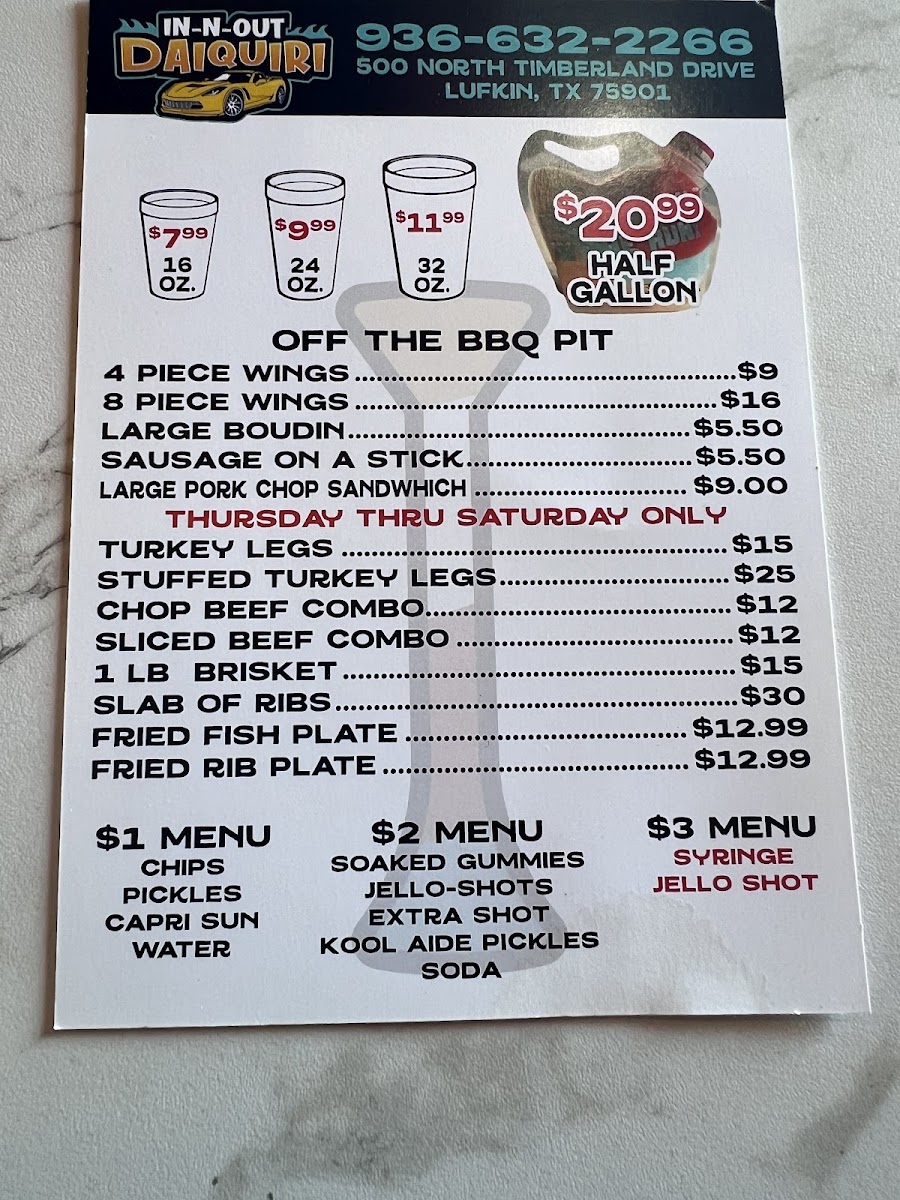 IN N Out Daiquiri menu board