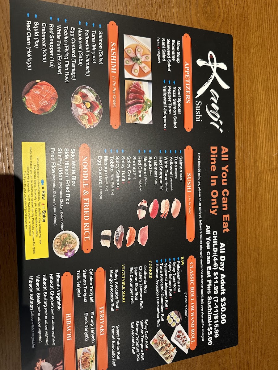 Kanji Sushi All You Can Eat menu board