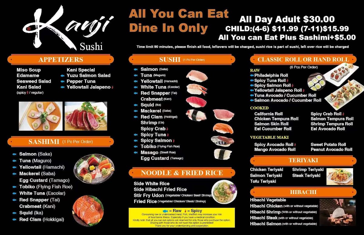 Kanji Sushi All You Can Eat menu board