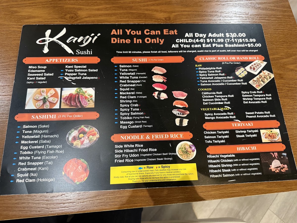 Kanji Sushi All You Can Eat menu board