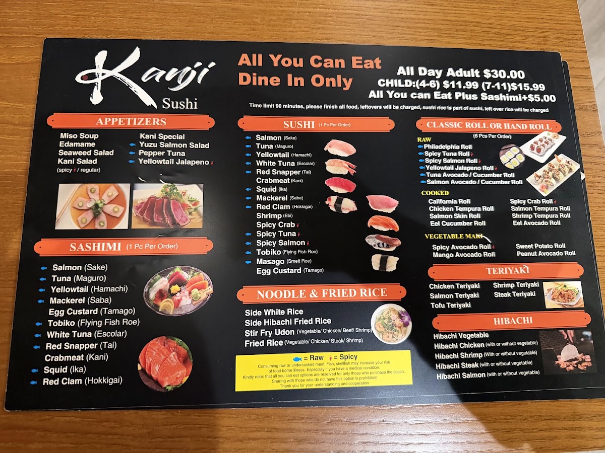 Kanji Sushi All You Can Eat menu board
