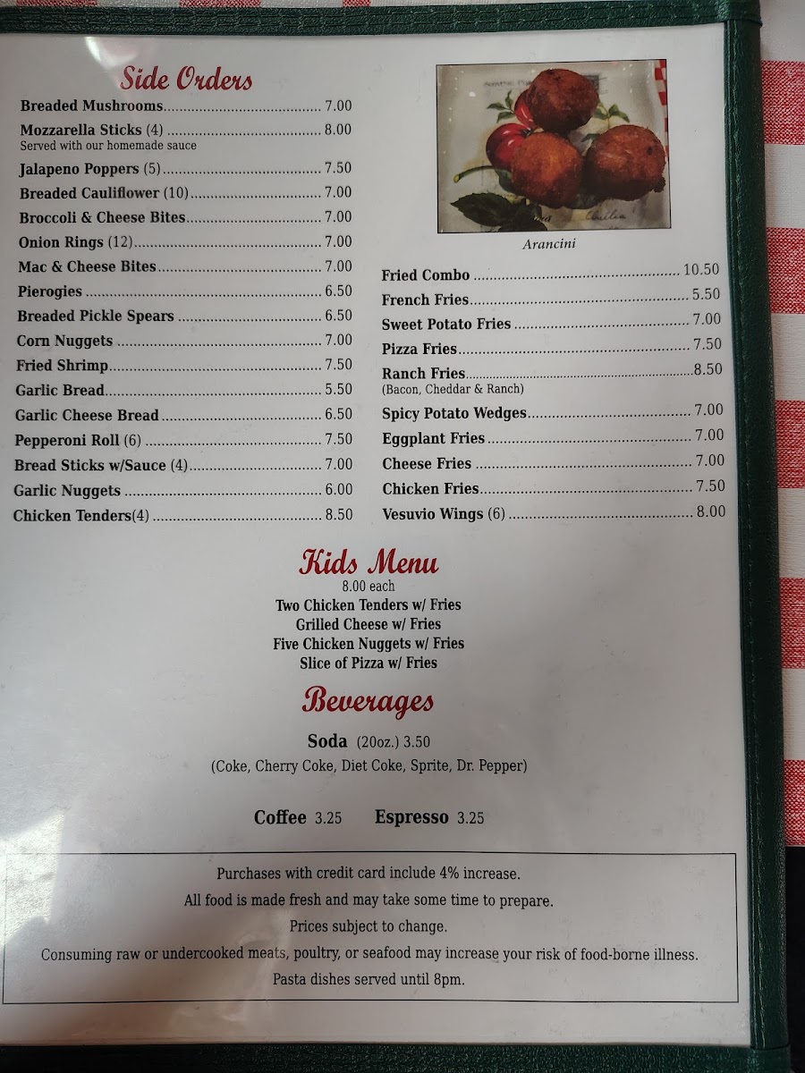 Vesuvio Pizza menu board