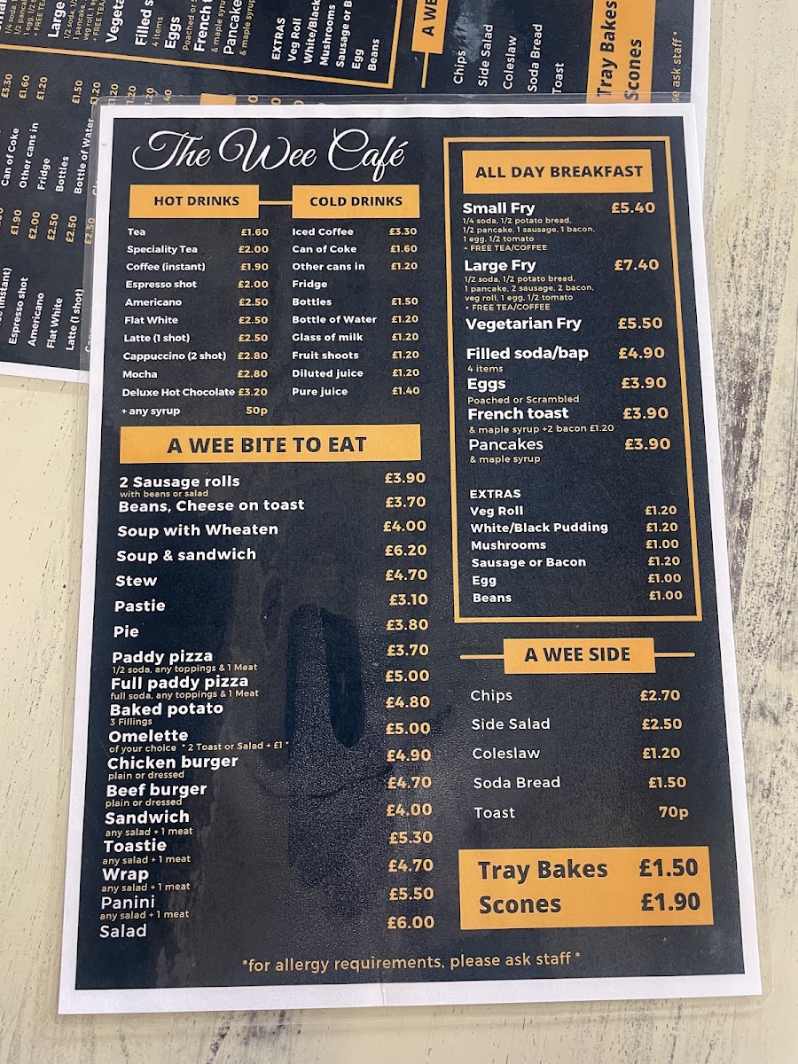 The Wee Cafe and Bakery menu board