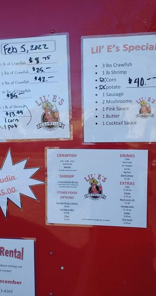 Lil' E's Crawfish LLC menu board