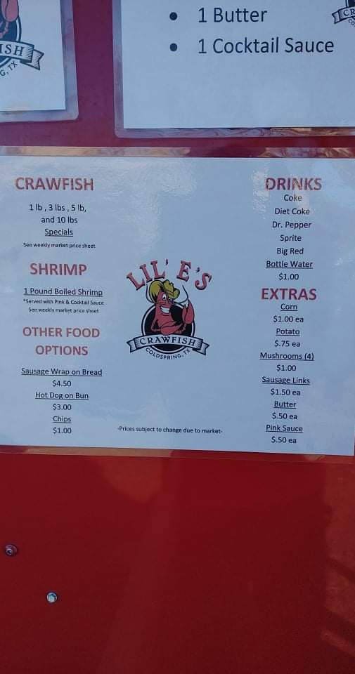 Lil' E's Crawfish LLC menu board