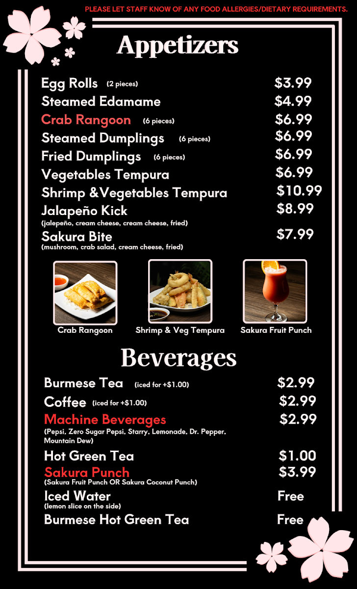 Sakura Spice menu board