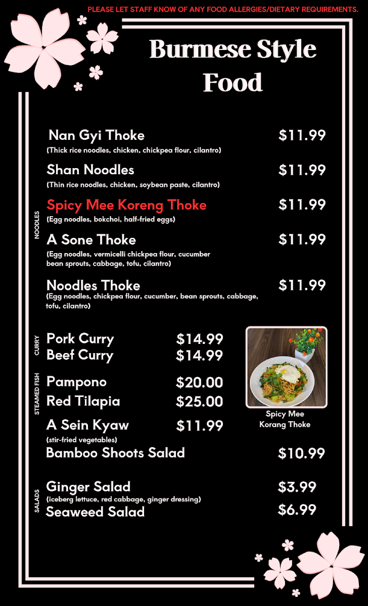 Sakura Spice menu board