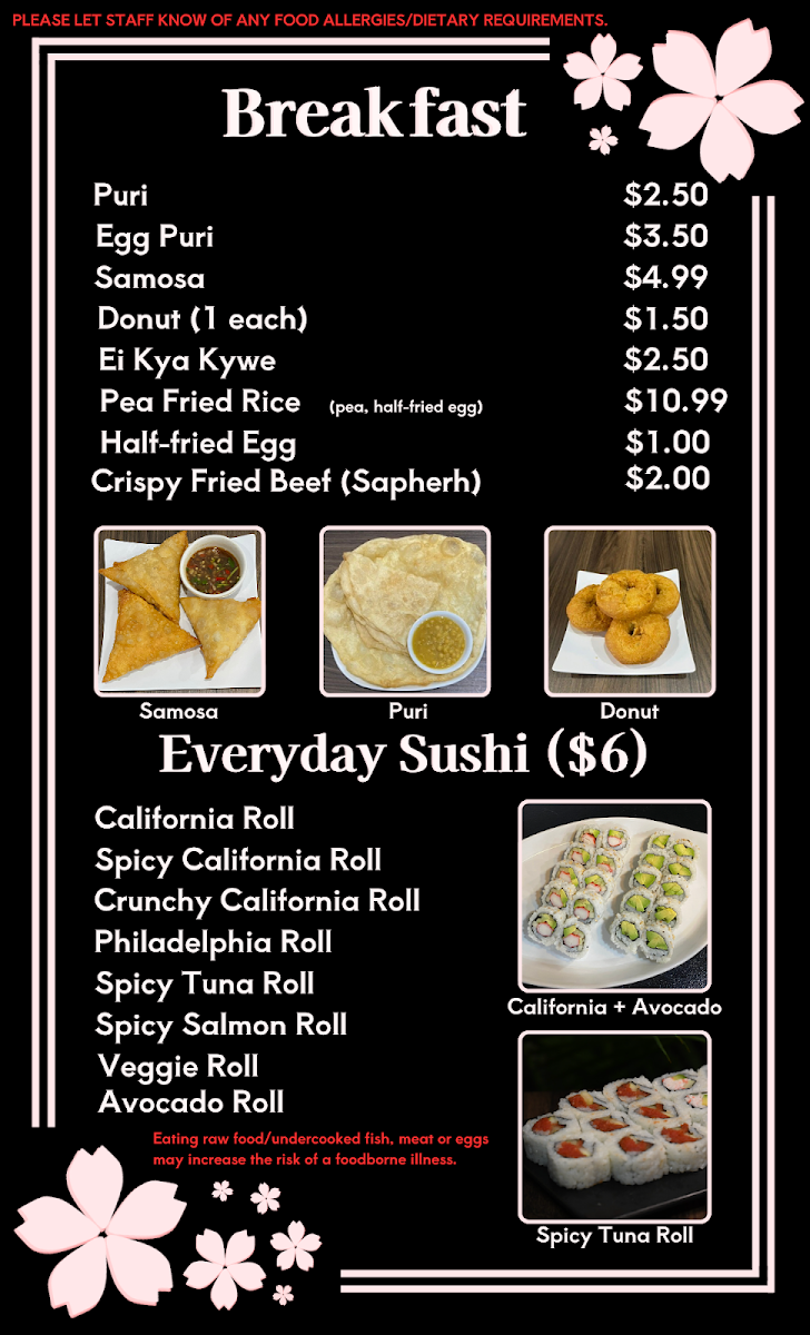 Sakura Spice menu board