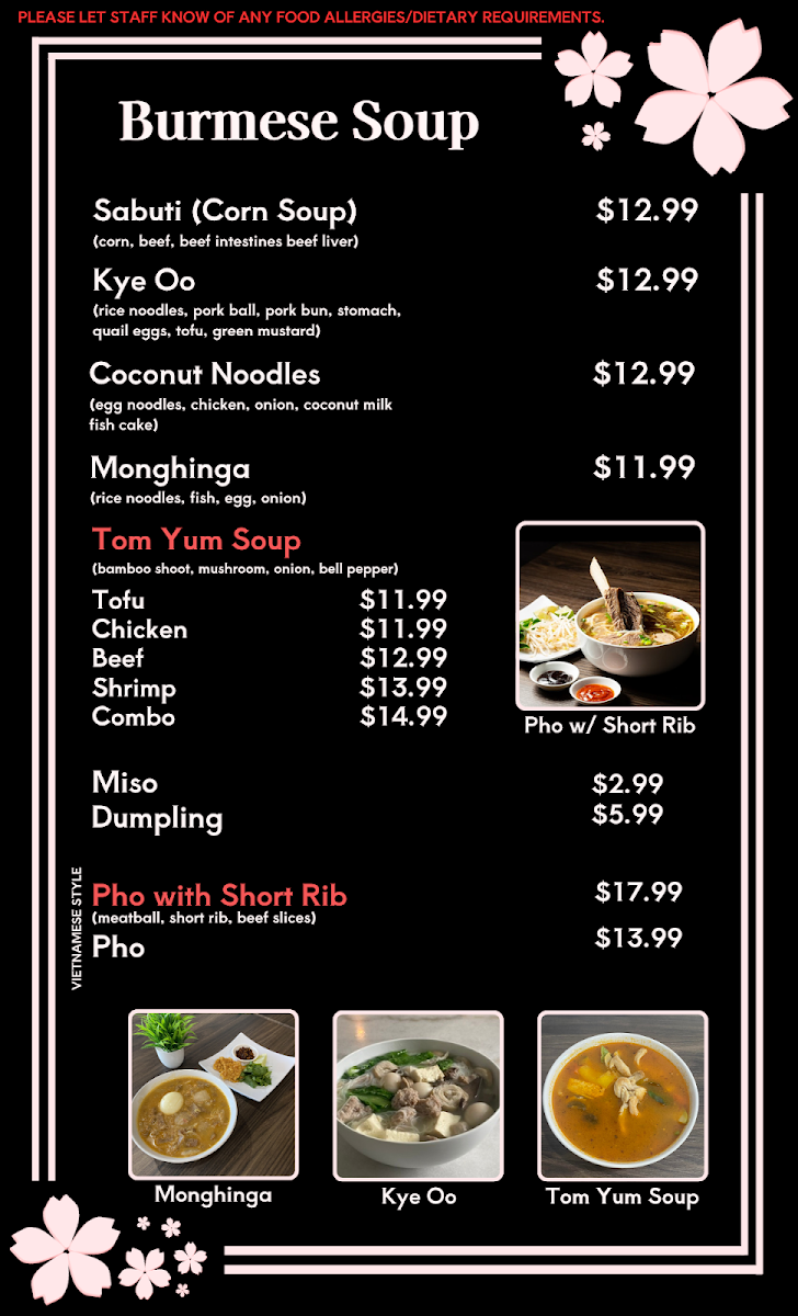 Sakura Spice menu board