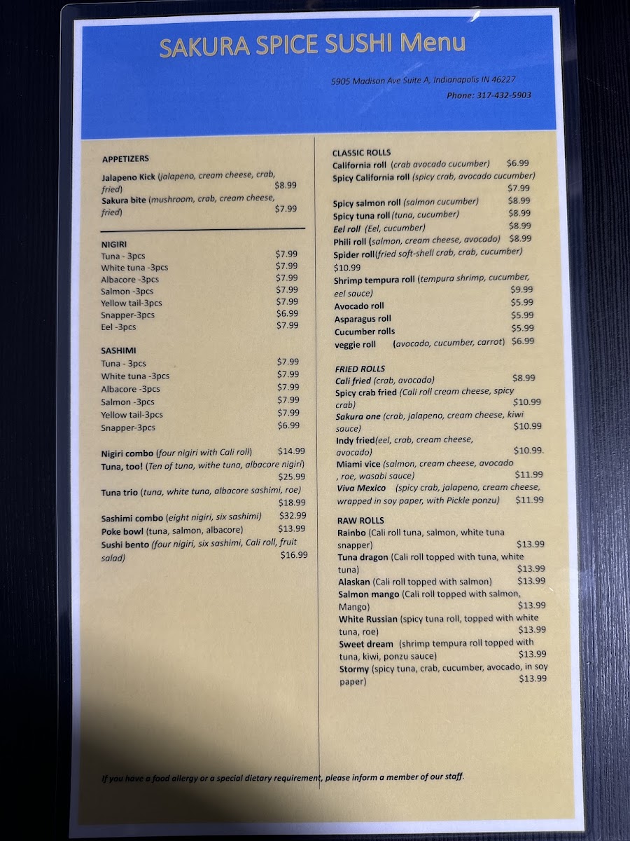 Sakura Spice menu board