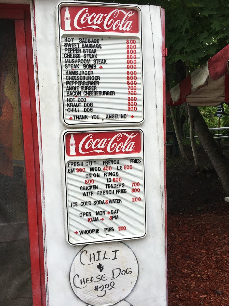 Angelino's Hot Dogs menu board