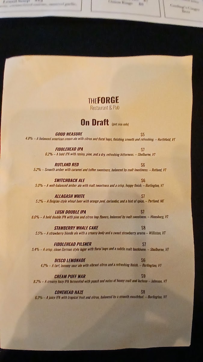 The Forge menu board