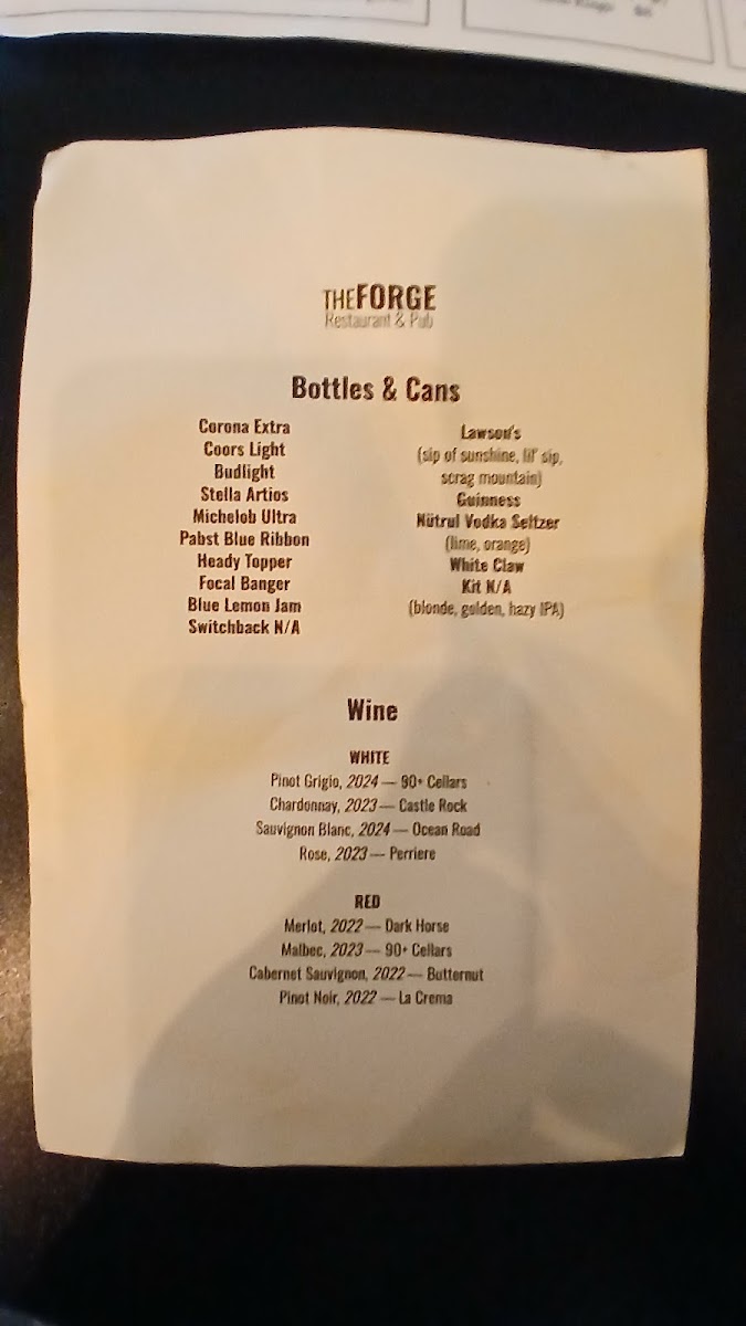 The Forge menu board