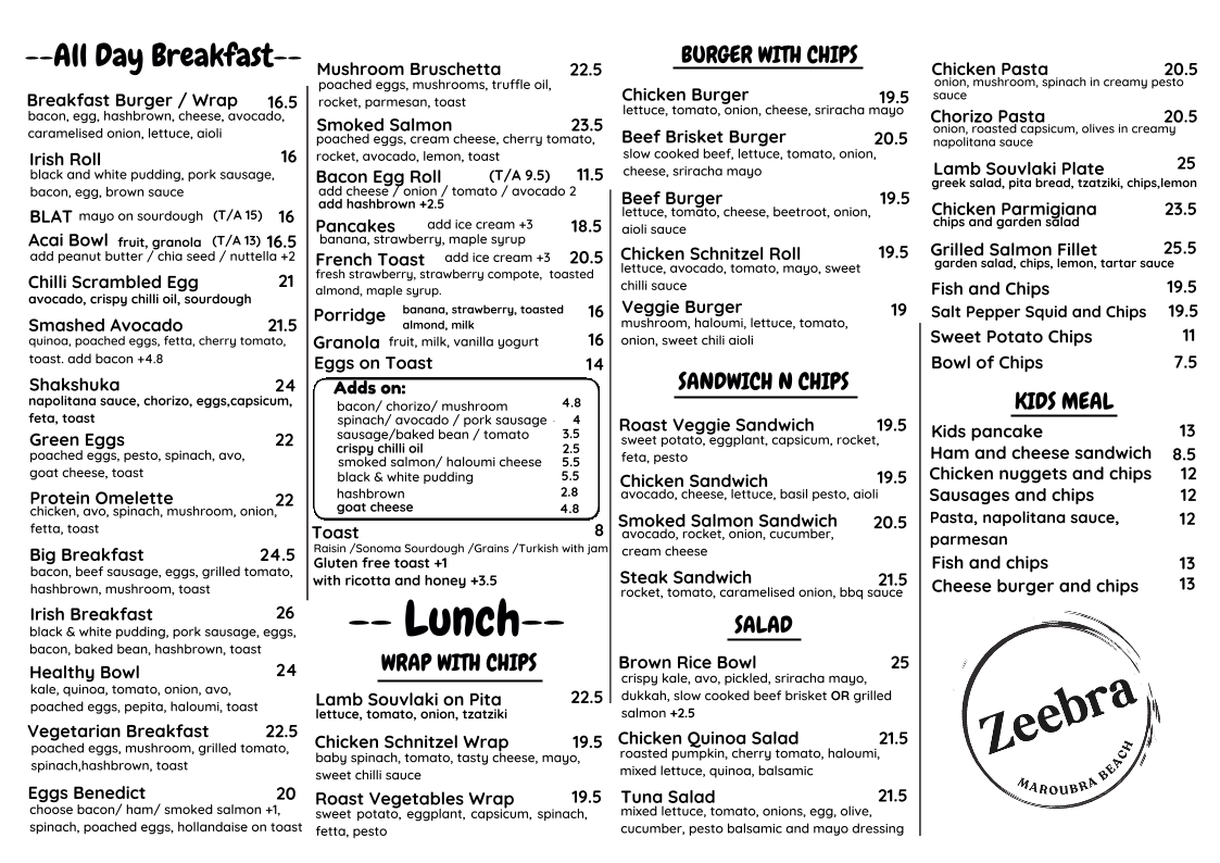 Zeebra Cafe menu board