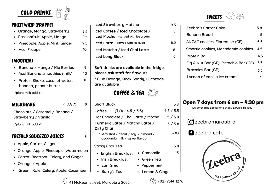 Zeebra Cafe menu board