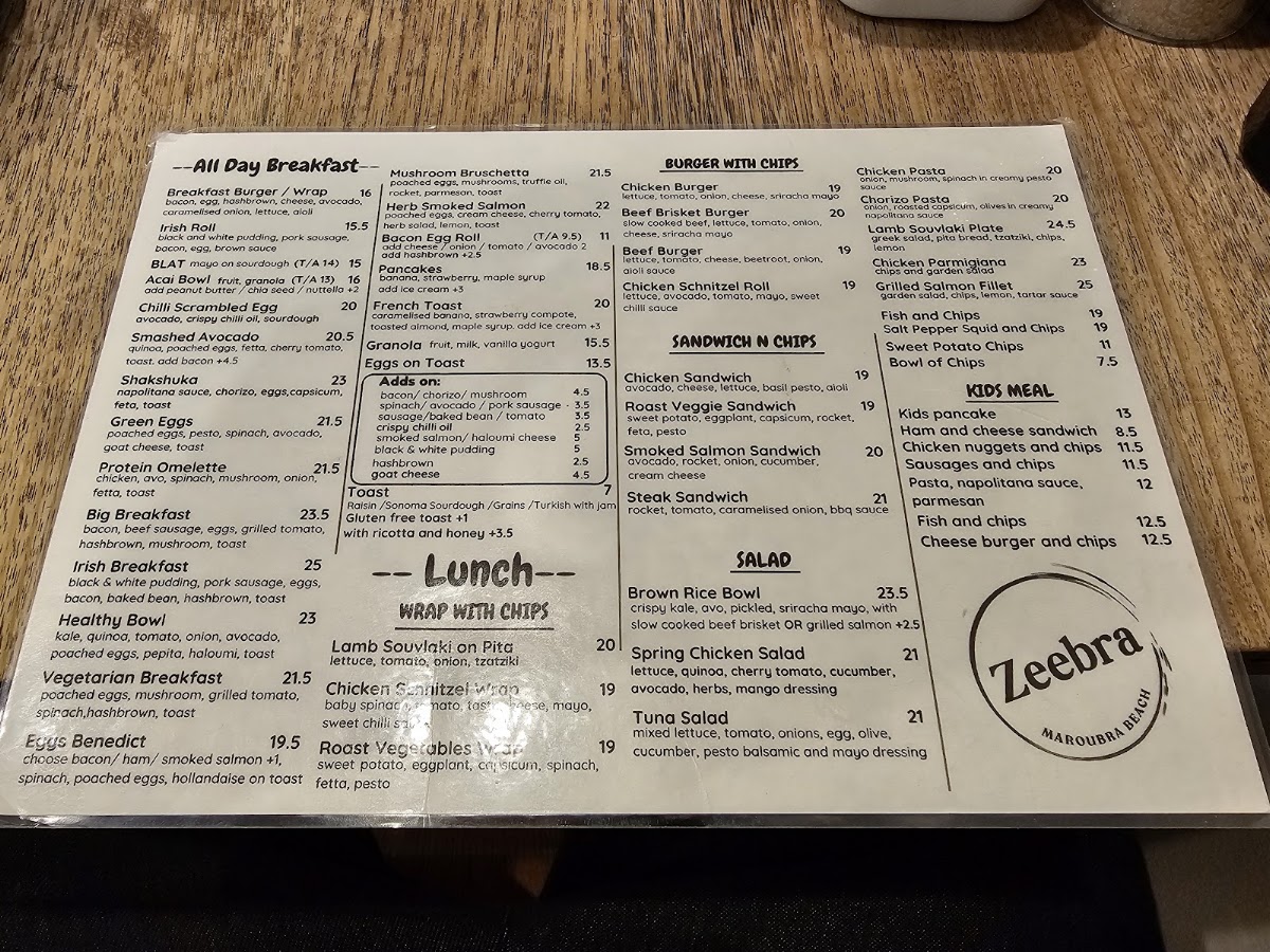 Zeebra Cafe menu board