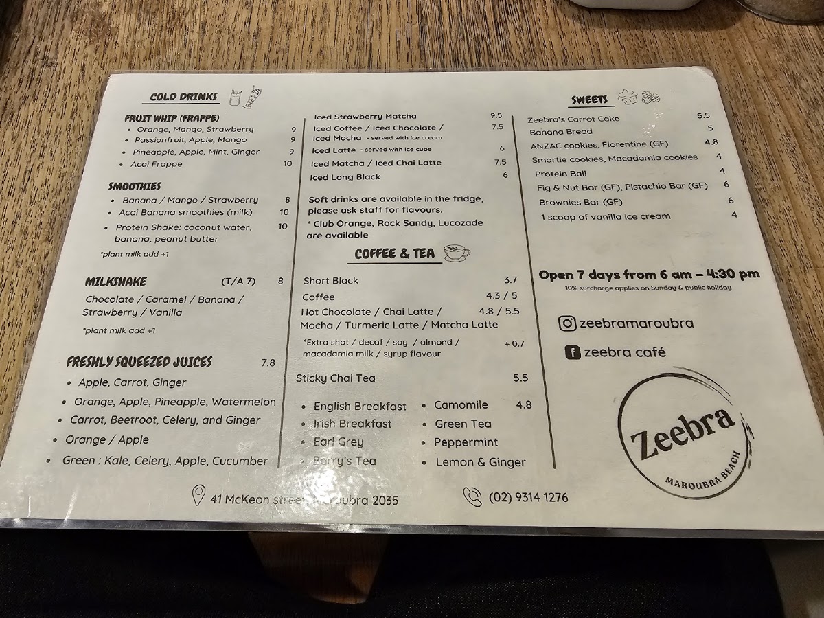 Zeebra Cafe menu board