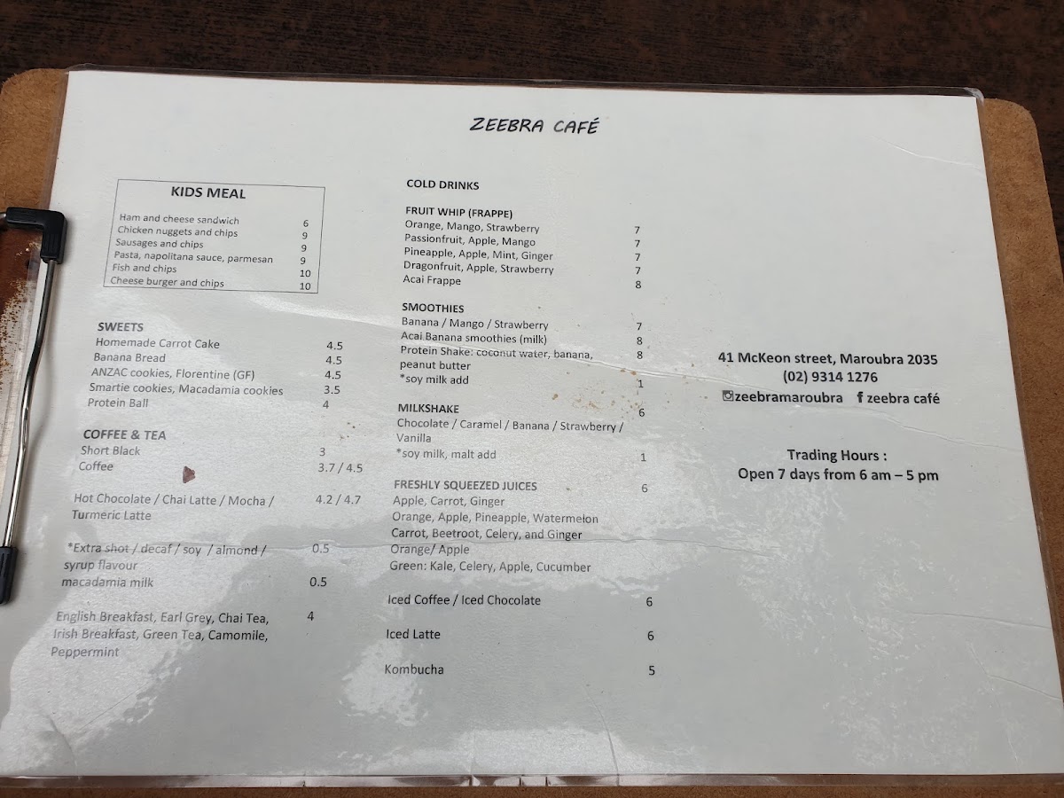 Zeebra Cafe menu board