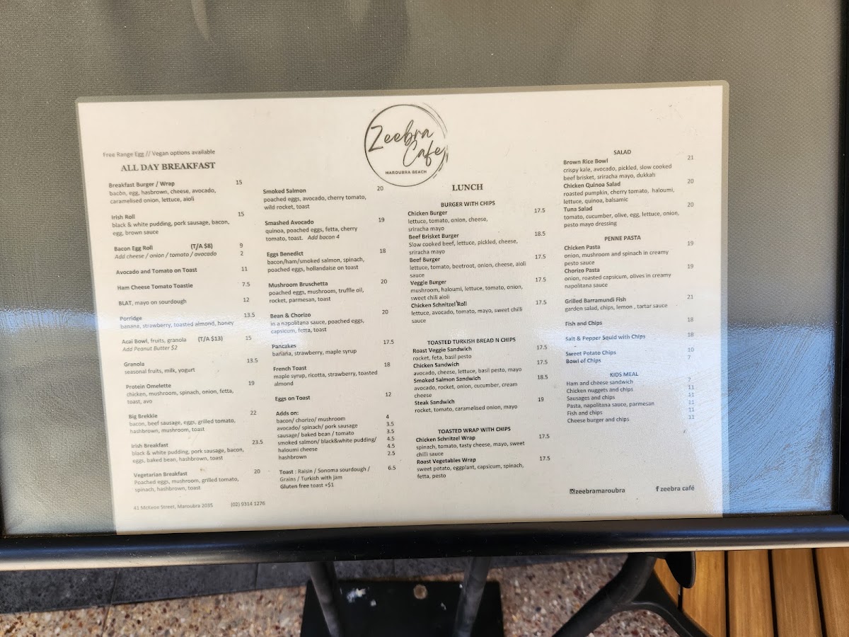 Zeebra Cafe menu board