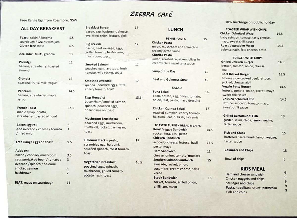 Zeebra Cafe menu board