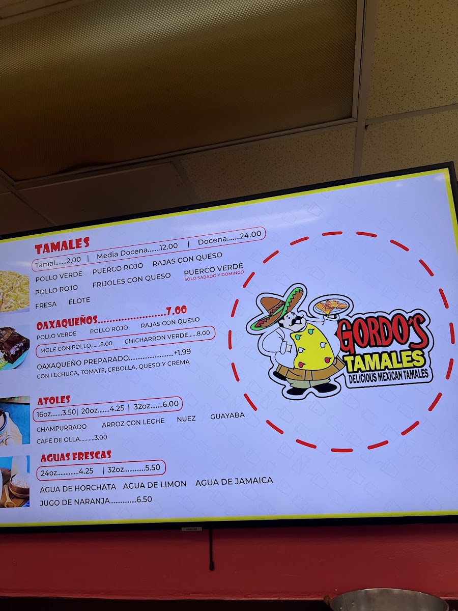 Gordo's Tamales menu board